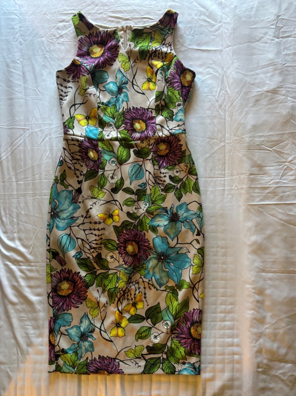Alexia Admor White Midi Dress with Purple, Teal & Yellow Floral Print